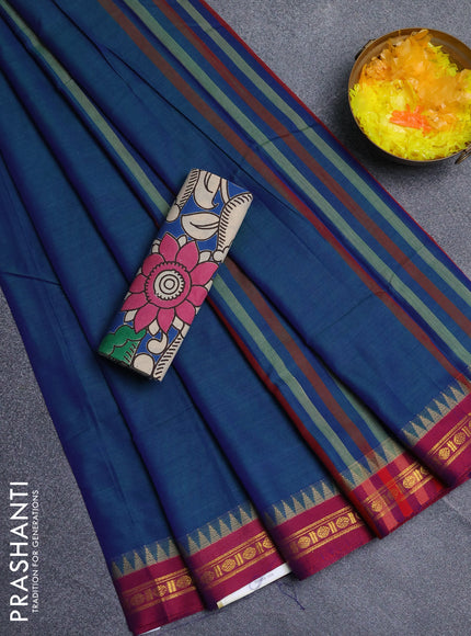 Narayanpet cotton saree dual shade of bluish green and blue with plain body and thread woven border