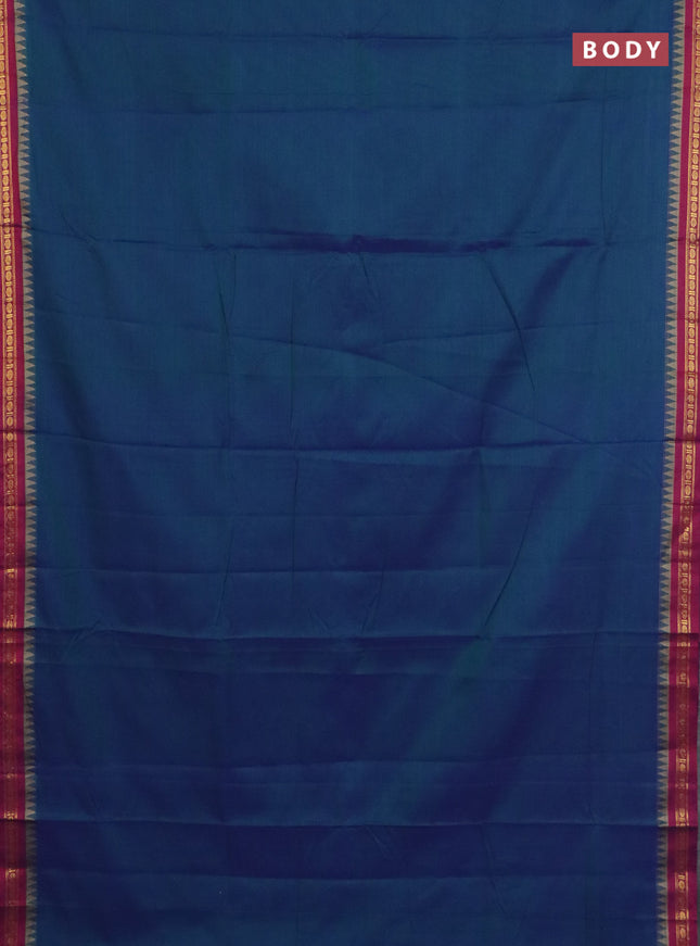 Narayanpet cotton saree dual shade of bluish green and blue with plain body and thread woven border