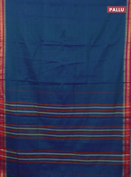 Narayanpet cotton saree dual shade of bluish green and blue with plain body and thread woven border