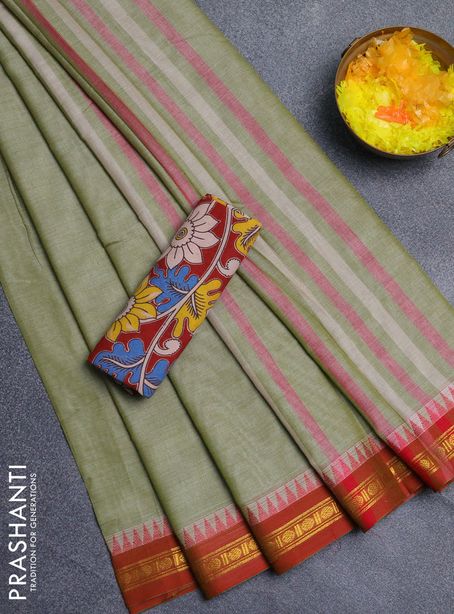 Narayanpet cotton saree pista green and maroon with plain body and thread woven border