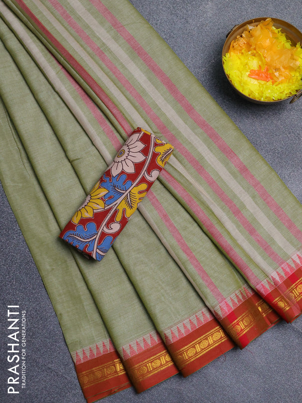 Narayanpet cotton saree pista green and maroon with plain body and thread woven border