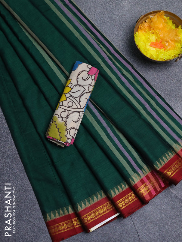 Narayanpet cotton saree green and beige with plain body and thread woven border