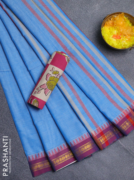 Narayanpet cotton saree light blue and beige with plain body and thread woven border