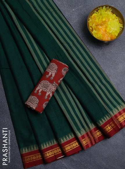 Narayanpet cotton saree bottle green and maroon with plain body and thread woven border