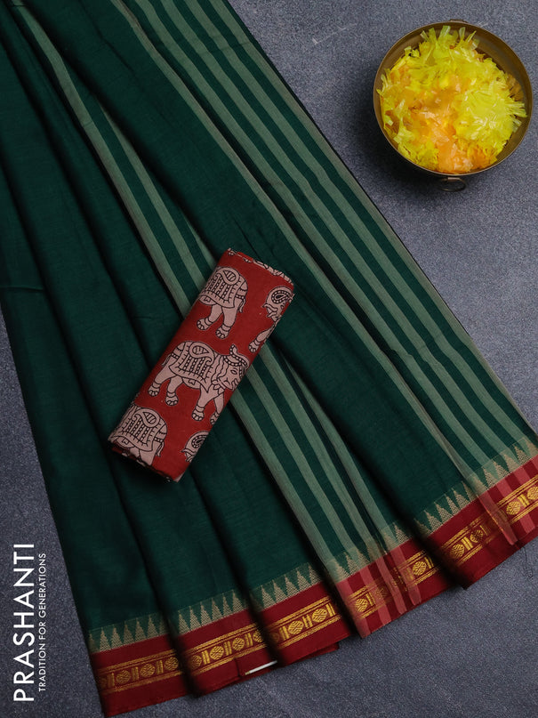 Narayanpet cotton saree bottle green and maroon with plain body and thread woven border