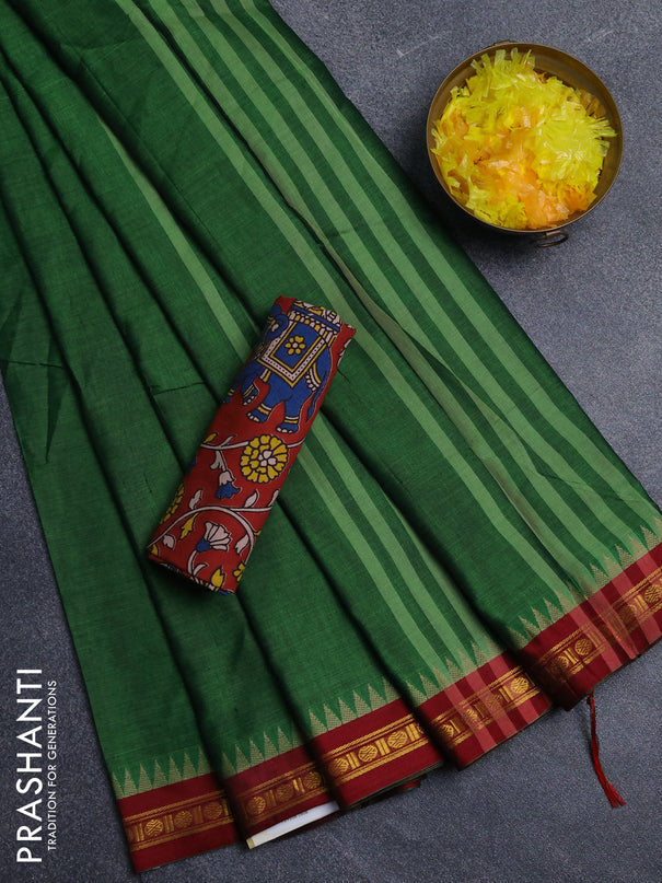 Narayanpet cotton saree light green and maroon with plain body and thread woven border