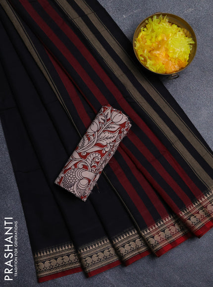Narayanpet cotton saree black and maroon with plain body and thread woven border