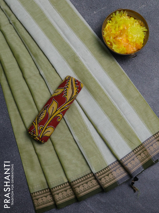 Narayanpet cotton saree pista green and maroon with plain body and thread woven border