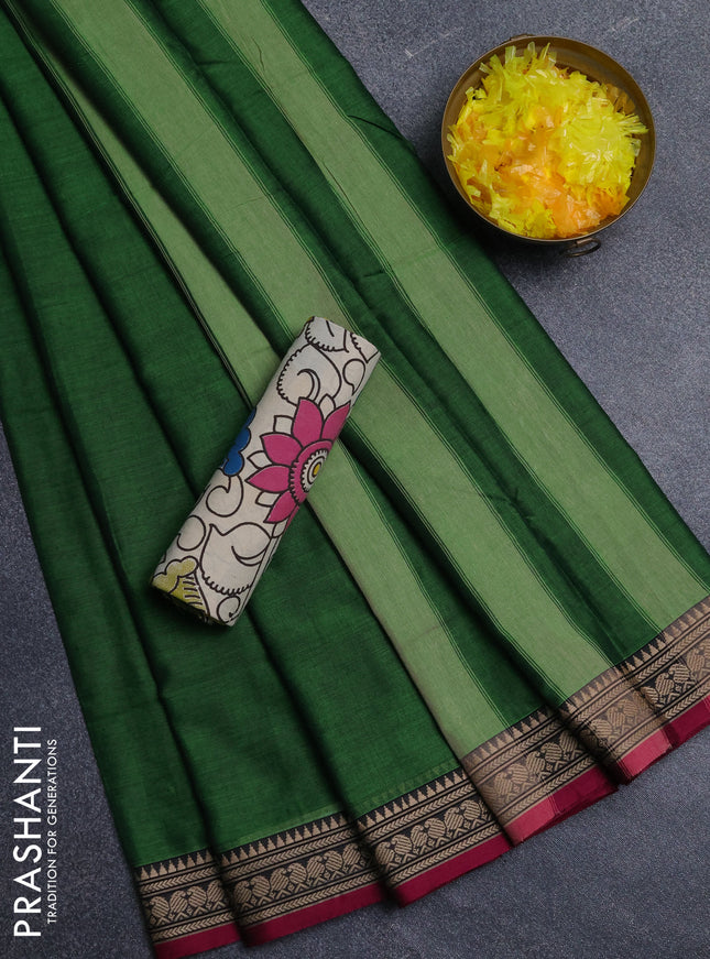 Narayanpet cotton saree green and beige with plain body and thread woven border