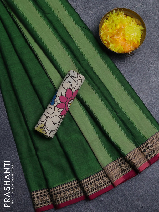 Narayanpet cotton saree green and beige with plain body and thread woven border