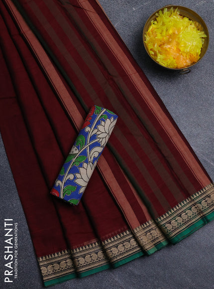 Narayanpet cotton saree deep maroon and blue with plain body and thread woven border