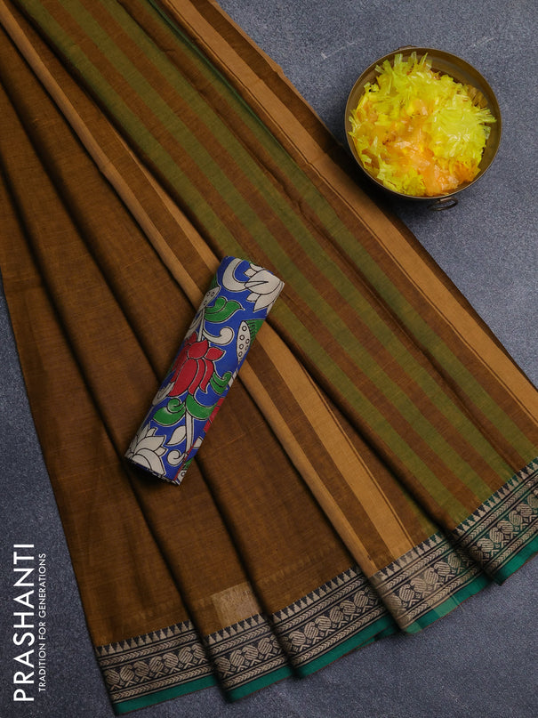 Narayanpet cotton saree dark mustard and blue with plain body and thread woven border