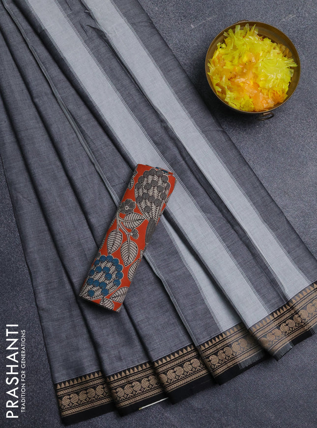 Narayanpet cotton saree grey and orange with plain body and thread woven border