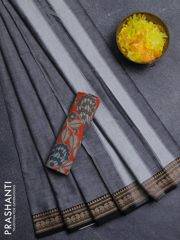 Narayanpet cotton saree grey and orange with plain body and thread woven border