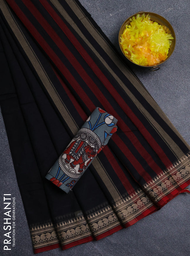 Narayanpet cotton saree black and grey with plain body and thread woven border