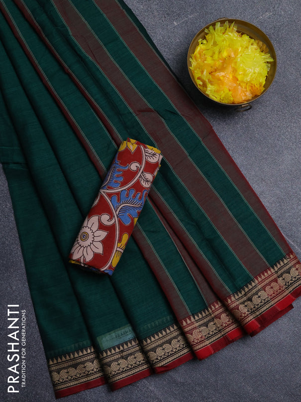 Narayanpet cotton saree green and maroon with plain body and thread woven border