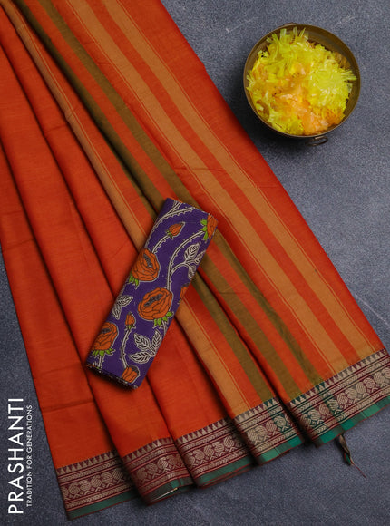 Narayanpet cotton saree orange and violet with plain body and thread woven border