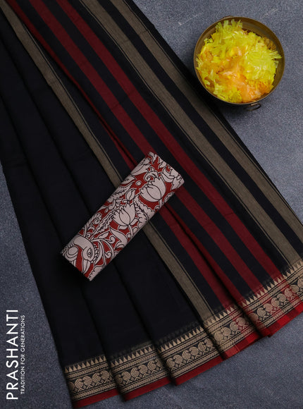 Narayanpet cotton saree black and beige with plain body and thread woven border