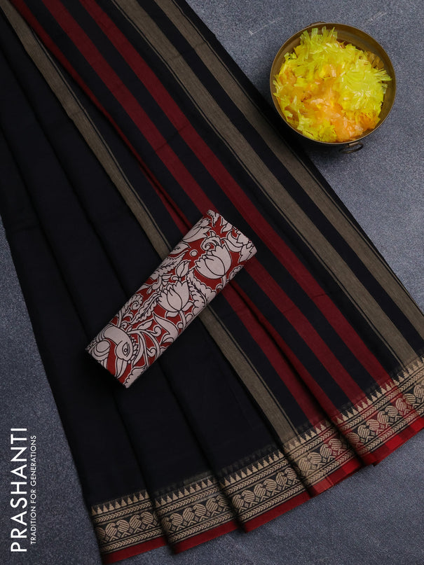 Narayanpet cotton saree black and beige with plain body and thread woven border