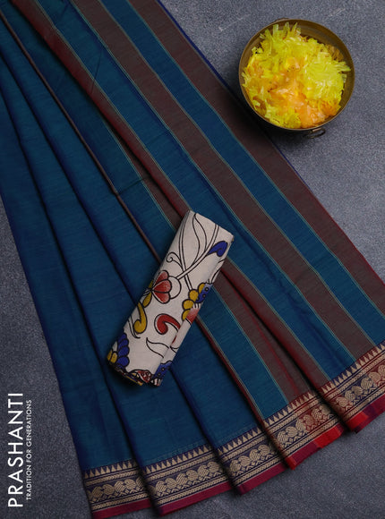 Narayanpet cotton saree dual shade of greenish blue and beige with plain body and thread woven border