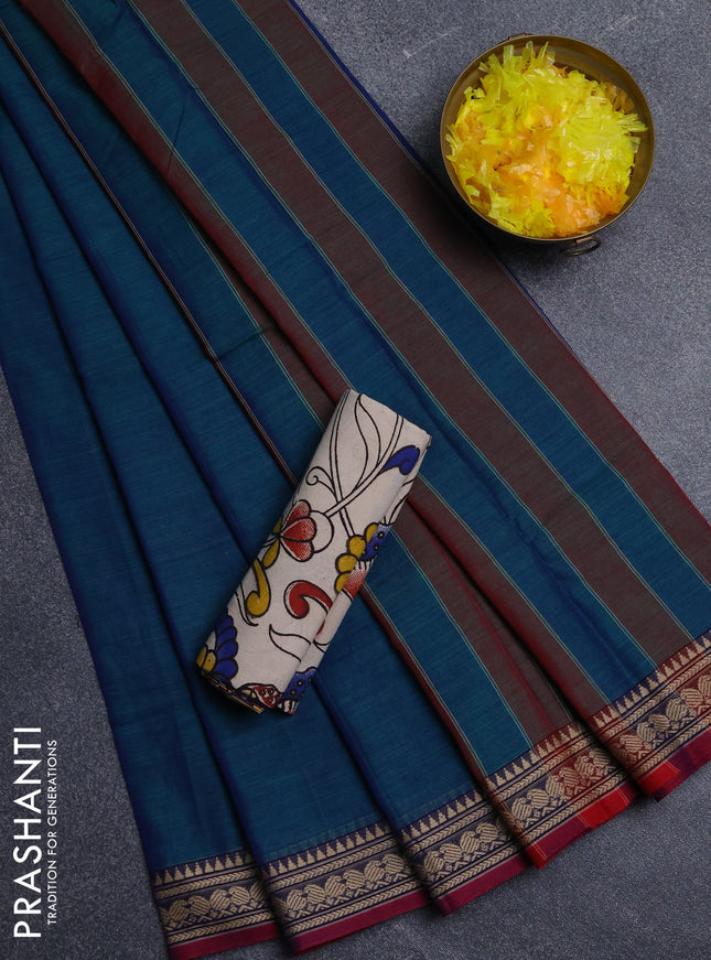 Narayanpet cotton saree dual shade of greenish blue and beige with plain body and thread woven border