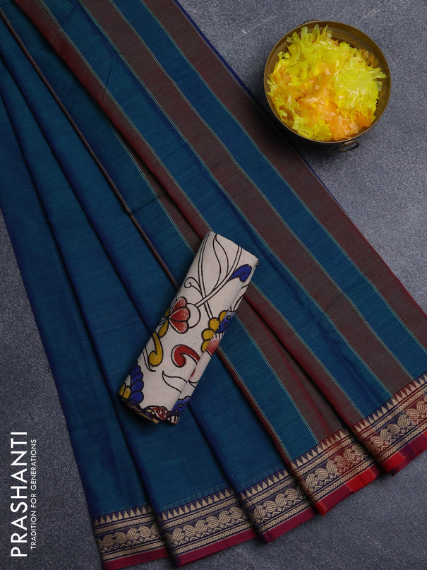 Narayanpet cotton saree dual shade of greenish blue and beige with plain body and thread woven border