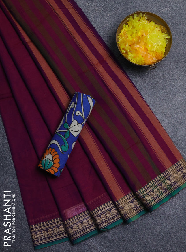 Narayanpet cotton saree purple and blue with plain body and thread woven border