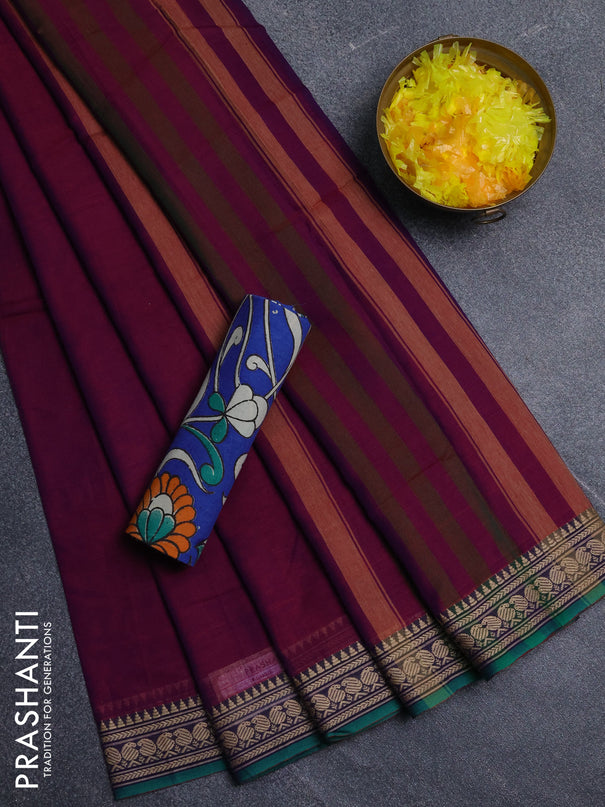 Narayanpet cotton saree purple and blue with plain body and thread woven border