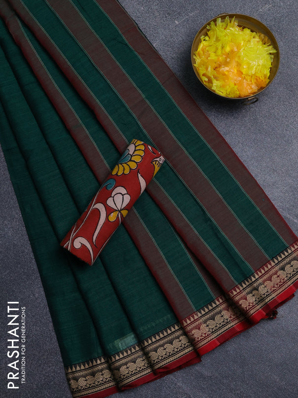 Narayanpet cotton saree green and maroon with plain body and thread woven border