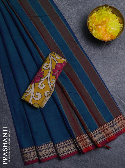 Narayanpet cotton saree dual shade of bluish green and yellow with plain body and thread woven border