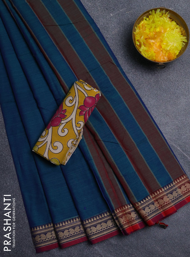 Narayanpet cotton saree dual shade of bluish green and yellow with plain body and thread woven border