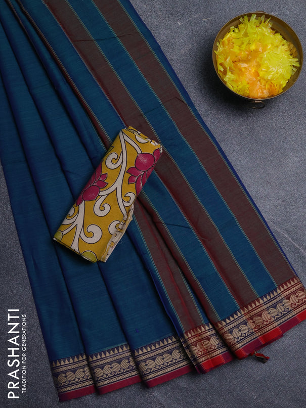 Narayanpet cotton saree dual shade of bluish green and yellow with plain body and thread woven border