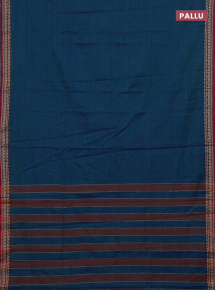 Narayanpet cotton saree dual shade of bluish green and yellow with plain body and thread woven border