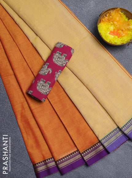 Narayanpet cotton saree orange and pink with plain body and thread woven border