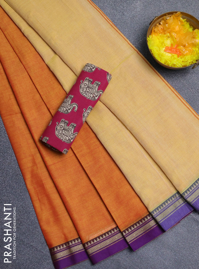 Narayanpet cotton saree orange and pink with plain body and thread woven border