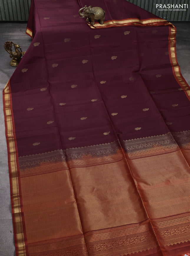 Pure soft silk saree wine shade and rustic orange with zari woven buttas and zari woven border