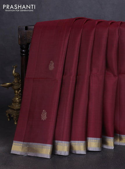 Pure soft silk saree maroon and grey with zari woven buttas and zari woven border