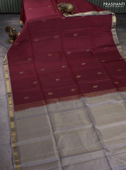 Pure soft silk saree maroon and grey with zari woven buttas and zari woven border