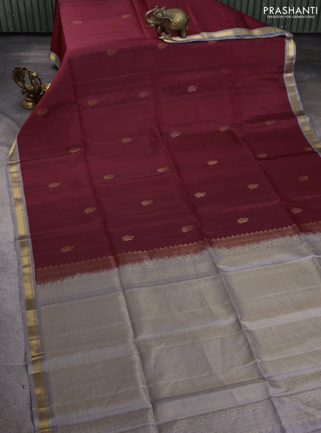 Pure soft silk saree maroon and grey with zari woven buttas and zari woven border