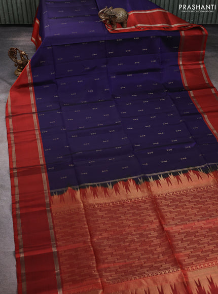 Pure soft silk saree navy blue and rustic orange with zari woven buttas and rettapet zari woven border
