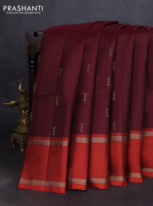 Pure soft silk saree deep maroon and orange with zari woven buttas and rettapet zari woven border