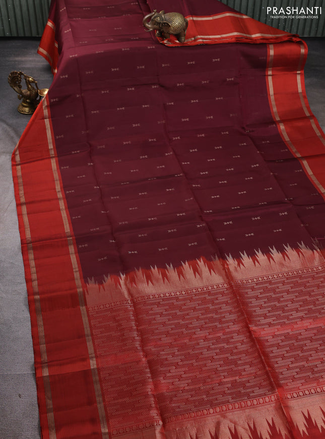 Pure soft silk saree deep maroon and orange with zari woven buttas and rettapet zari woven border
