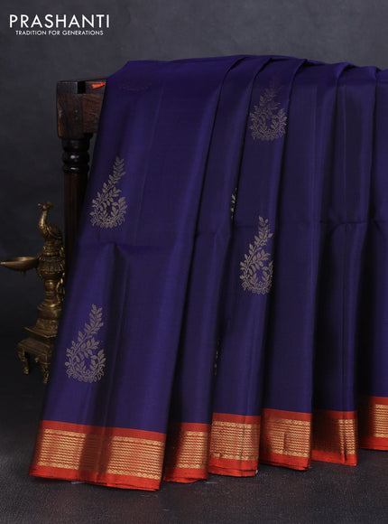 Pure soft silk saree navy blue and rustic orange with zari woven buttas and zari woven border