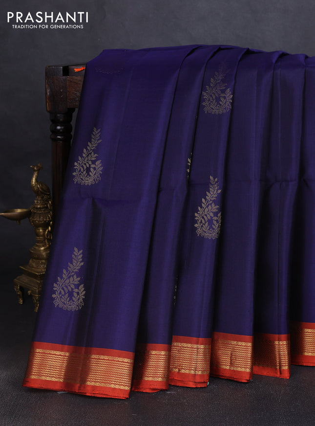 Pure soft silk saree navy blue and rustic orange with zari woven buttas and zari woven border