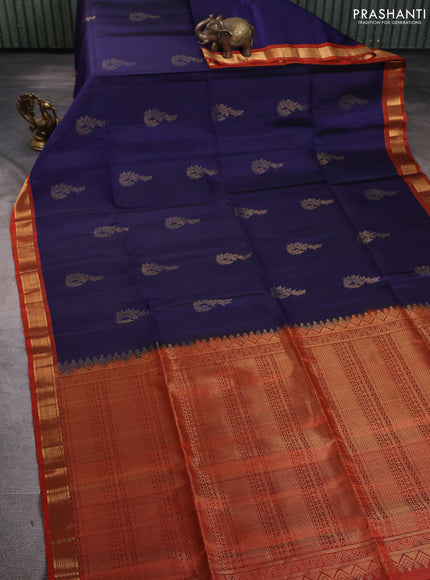 Pure soft silk saree navy blue and rustic orange with zari woven buttas and zari woven border