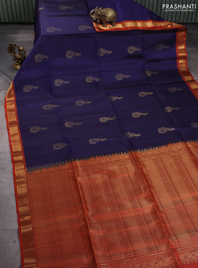 Pure soft silk saree navy blue and rustic orange with zari woven buttas and zari woven border