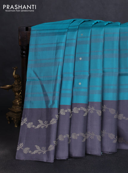 Pure soft silk saree teal blue and grey with allover stripe pattern & zari buttas and long zari woven border
