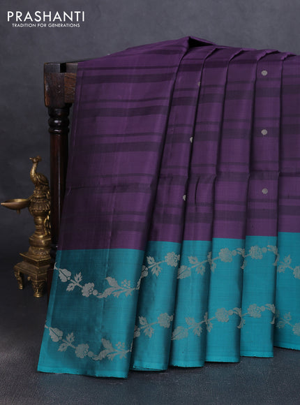 Pure soft silk saree purple shade and teal green with allover stripe pattern & zari buttas and long zari woven border