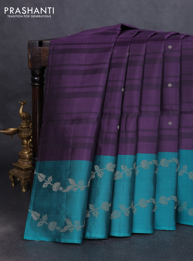 Pure soft silk saree purple shade and teal green with allover stripe pattern & zari buttas and long zari woven border