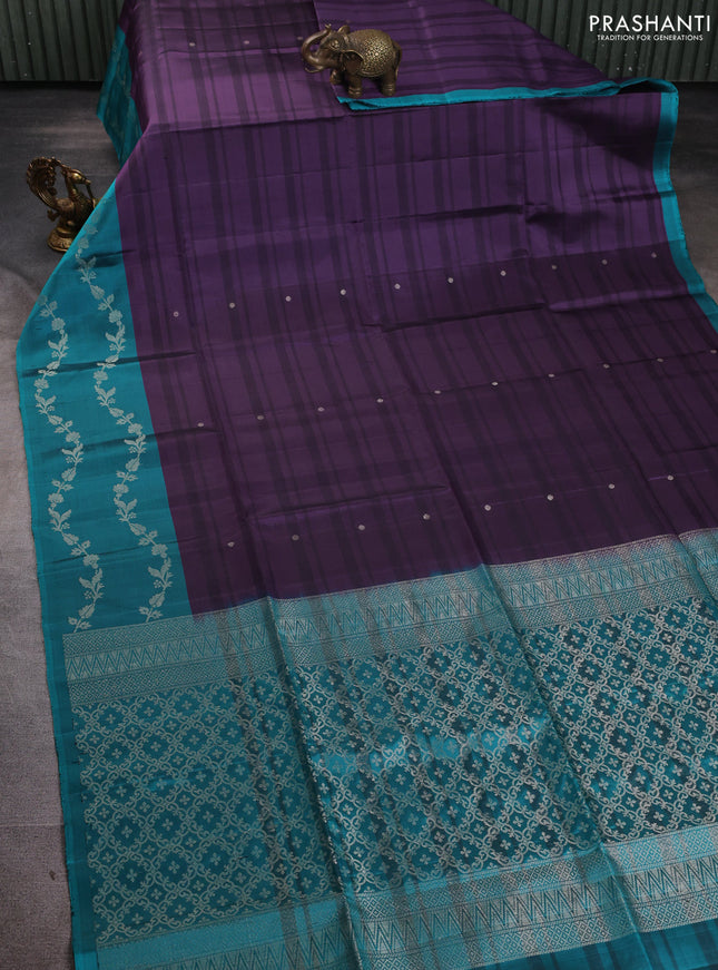 Pure soft silk saree purple shade and teal green with allover stripe pattern & zari buttas and long zari woven border